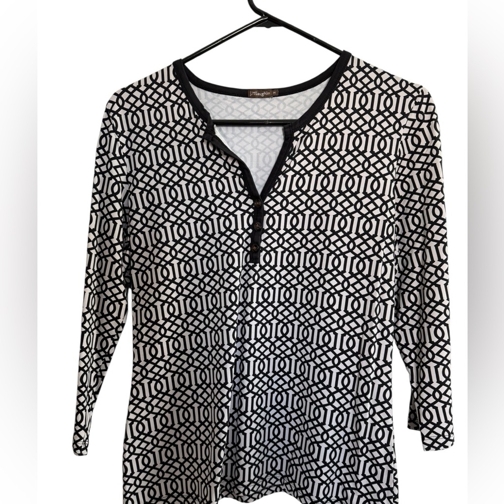 J. McLaughlin Black and White Geometric Pattern Women's Top